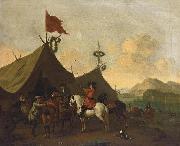 Evert Oudendijck Soldiers resting outside their encampment in an Italianate landscape oil painting